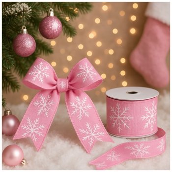 Fita Decorativa Rosa com Estampa de Flocos de Neve - 9,14m