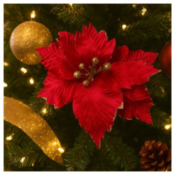 Flor Natalina em Veludo Vermelha e Dourado com Glitter - 30cm