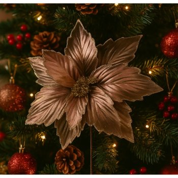 Flor Natalina Champagne Metalizado com Glitter - 30cm