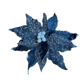 Flor Natalina Azul Escuro com Glitter Prata - 27cm