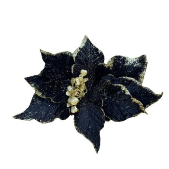 Flor Natalina Preta com Glitter em Dourado -  24cm