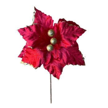 Flor Natalina Vermelha com Glitter Dourado -  17cm