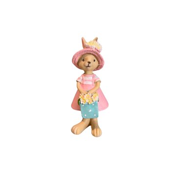 Coelinha de Ceramica Vestido Rosa c/ Cestinha Floral 21cm