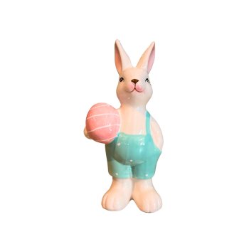 Coelinho de Ceramica Macacão Azul c/ Ovinho Rosa 17cm